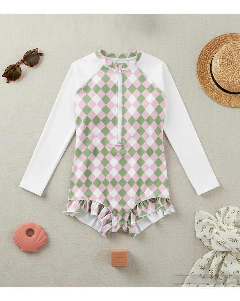 One-piece Swimwear Long Sleeve Ruffles Sun-proof Beach Bikini Girl's Swimsuits S5e491ec7287d46c6a237a011ac92803eL