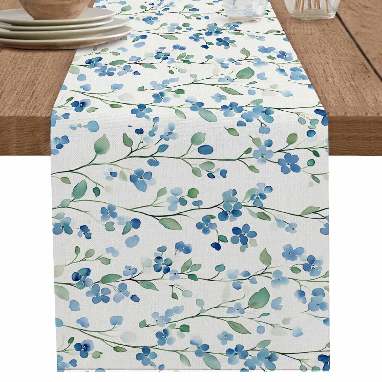 

Blue Flowers Watercolor Table Runner Cotton Linen Wedding Dinner Decor Table Flag Holiday Home Tea Table Decoration