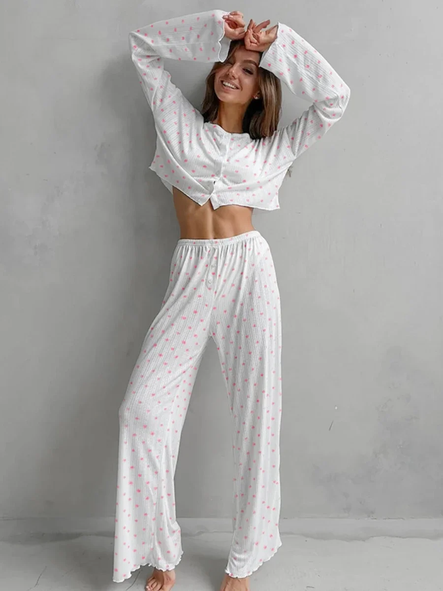 Mozuleva Love Printed Pajama Set Basic Loose Casual Nightgown Cardigan Short Long Sleeved Pants Lounge Women\'s Sleep Set