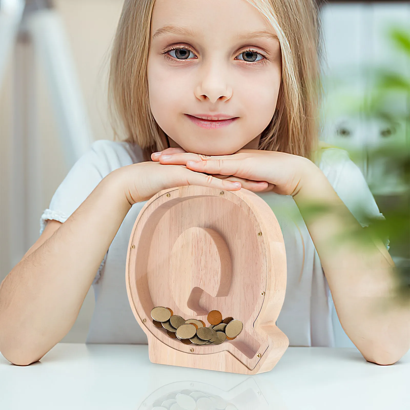 Visible Wooden Piggy Bank Shape for Kids Adults Desktop Decorative Money Saving Box Educational Coin Storage Container with