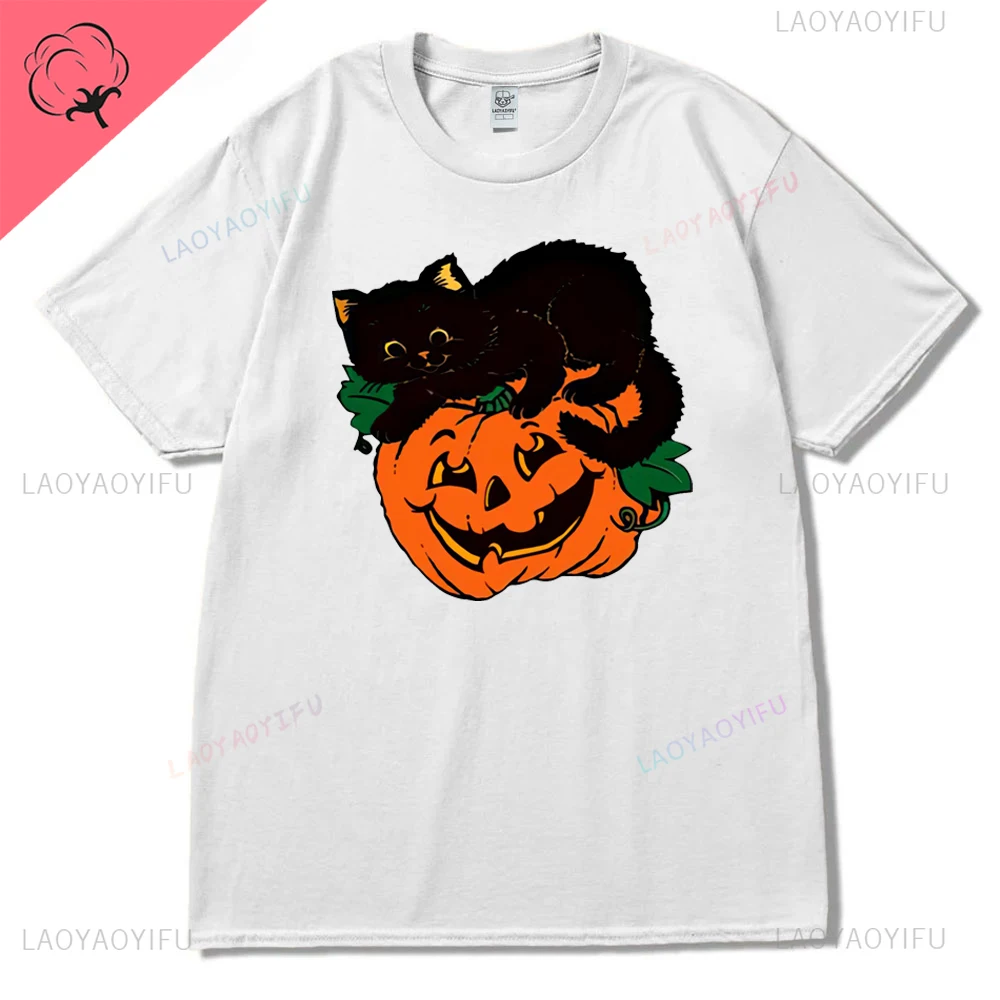 Kawaii Cat and Pumpkin Lamp Cartoon Graphics Hallowmas Cotton T Shirt Streetwear Short Sleeve Tshirt Hip Hop Hipster Women Tees