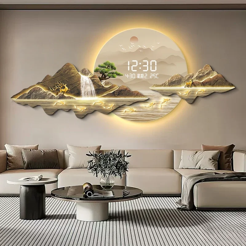 #￥Living Room Wall Clock Luxury Noiseless Kitchen Digital Clock Thermometer Date Lamp Ornaments Bathroom Room Home Decoration