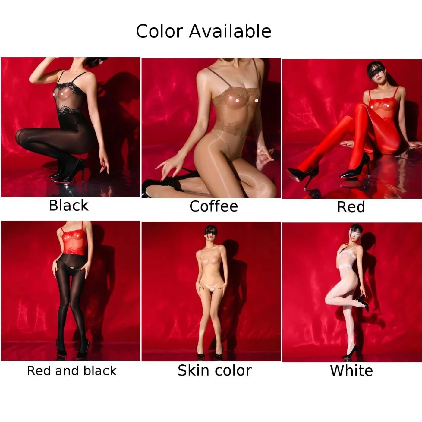 Women\'s Sexy Lingerie Bodysuit Lace Suspender Oil Shiny Stocking Transparent Sheer Jumpsuit Full Body Underwear Elastic Leotard