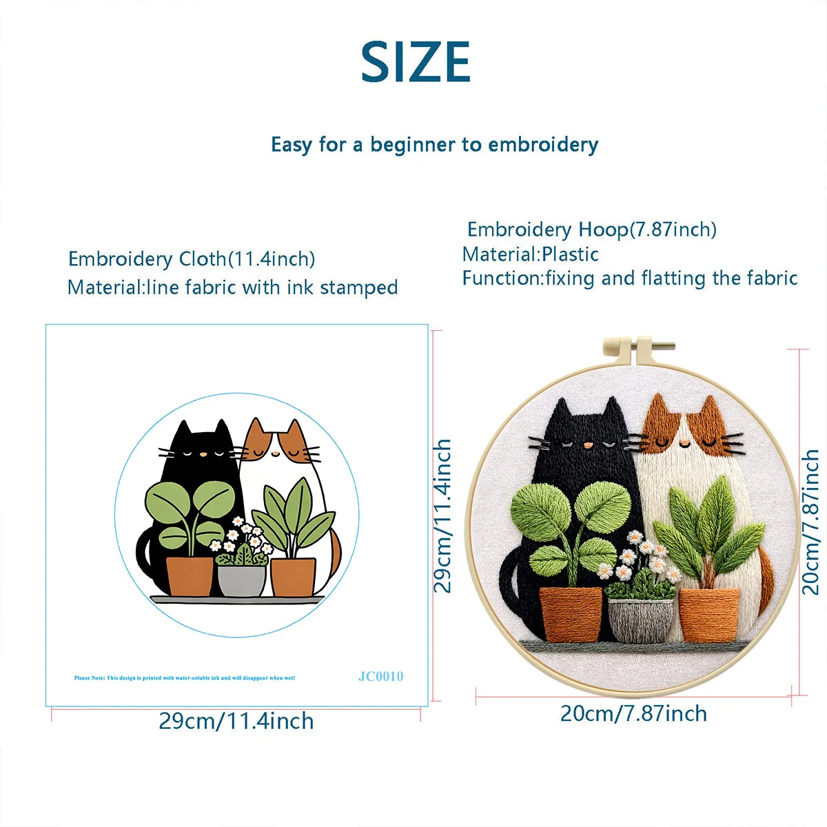 1pc Cats and Green Plants Embroidery Starter Kit DIY Cross Stitch Sewing with Instructions,Thread, Stamped Cloth,Needle