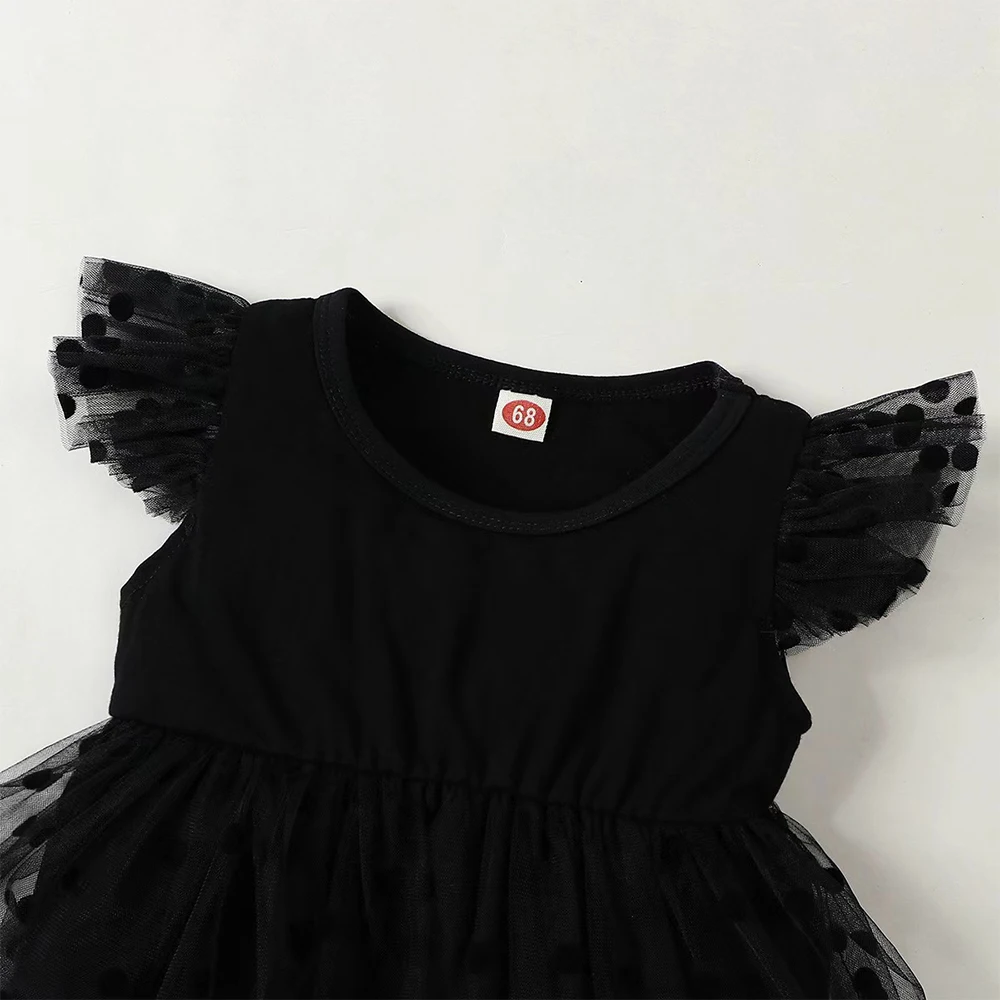 جديد الصيف طفلة أكمام بذلة بلون البولكا نقطة شبكة الأصفاد مع شبكة سوداء بذلة الأميرة نمط