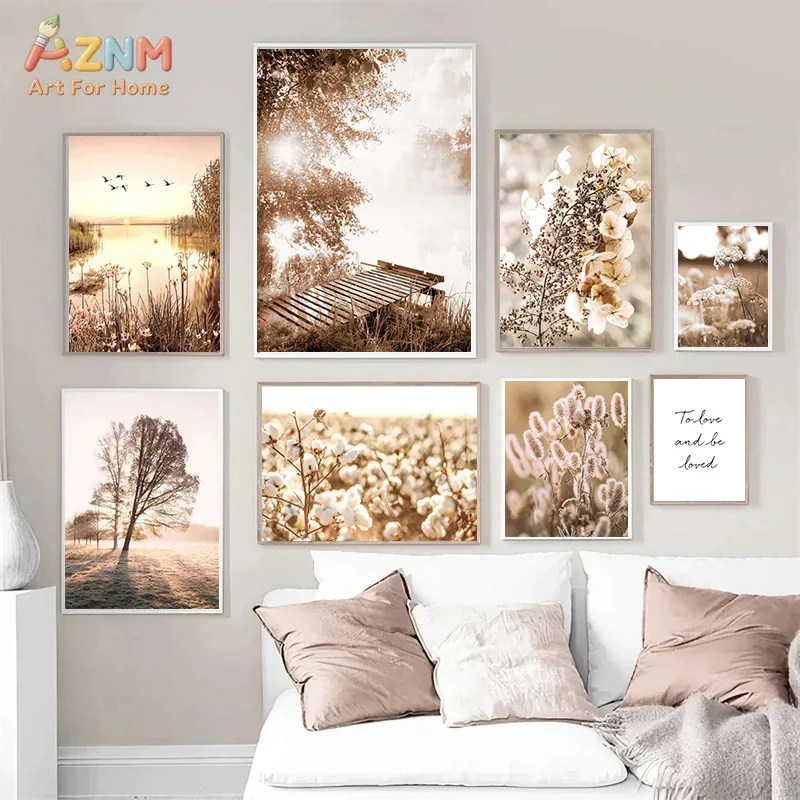AZNM Frameless Canvas Wall Art, Neutral Beige Dried Cotton Wildflower Lake Tree Sunrise Scenery Minimalist Love Cursive Text Nat