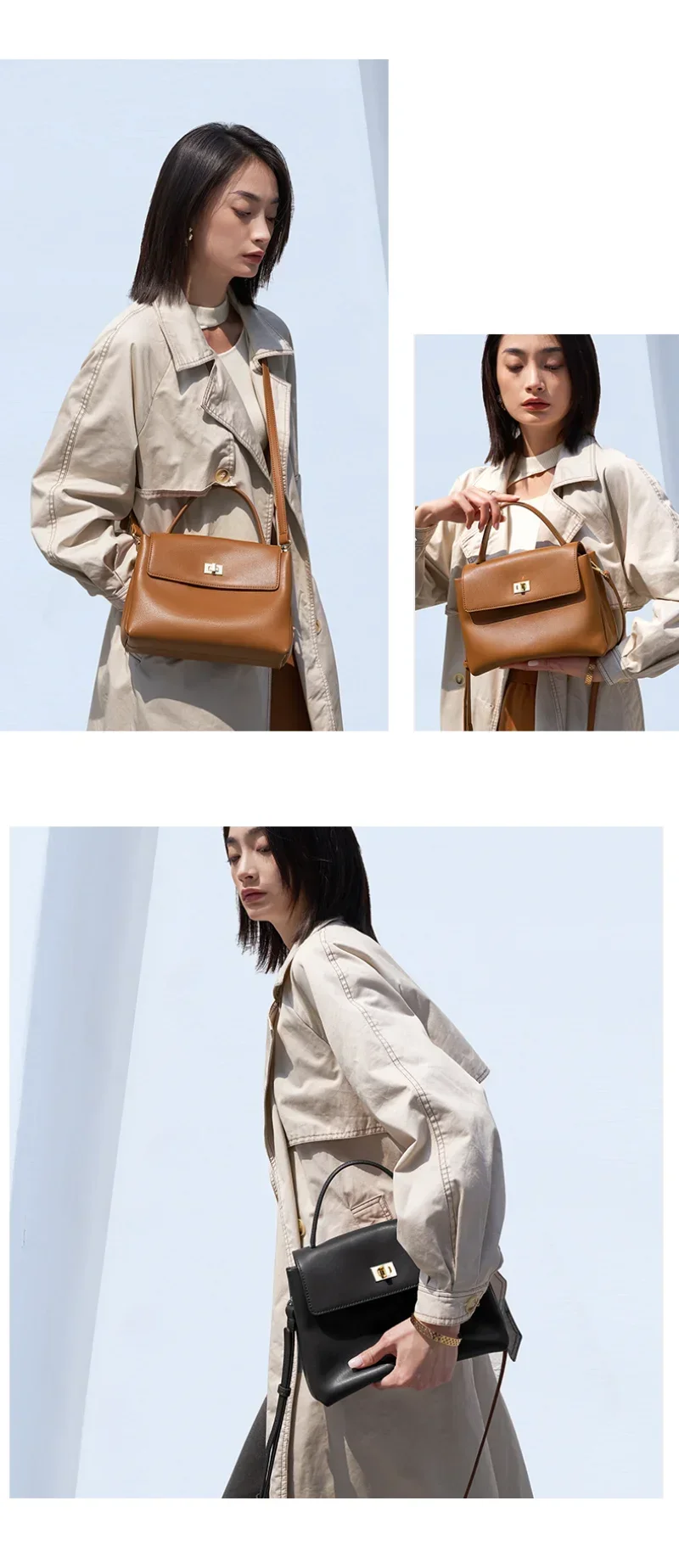 Texture Soft Cowhide Leather Retro Small Square Bag with Fashionable Rotation Lock Buckle Leather Shoulder Crossbody Female Bag