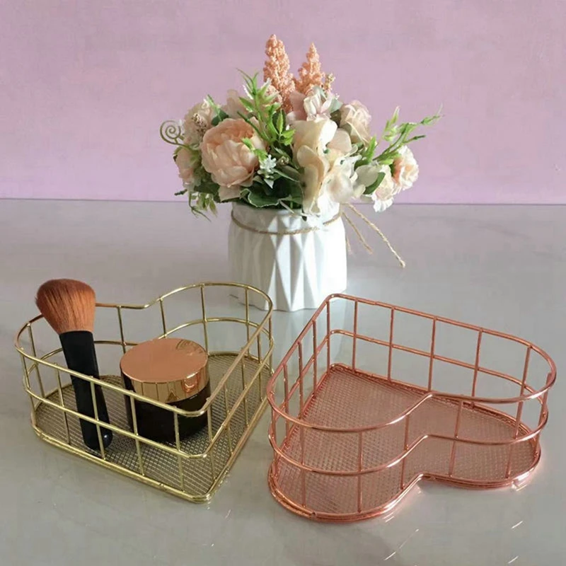 2 PCS Metal Tray Fruit Trays Jewelry Storage Trays Pink & Gold Iron Heart Wire Basket File Storage Basket Book