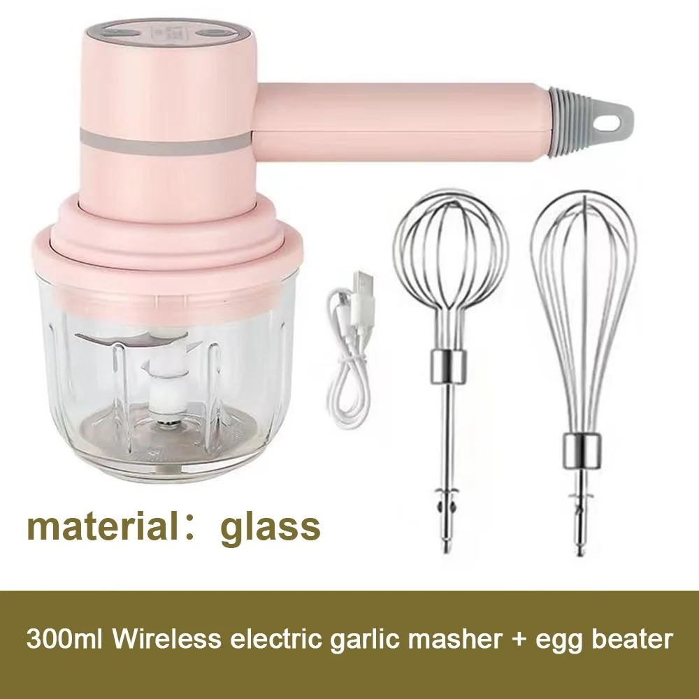 USB 2 in 1 Wireless Electric Garlic Chopper Masher Whisk Egg Beater 3-Speed Control With 2 Mixing Rods Kitchen Handheld Mixer