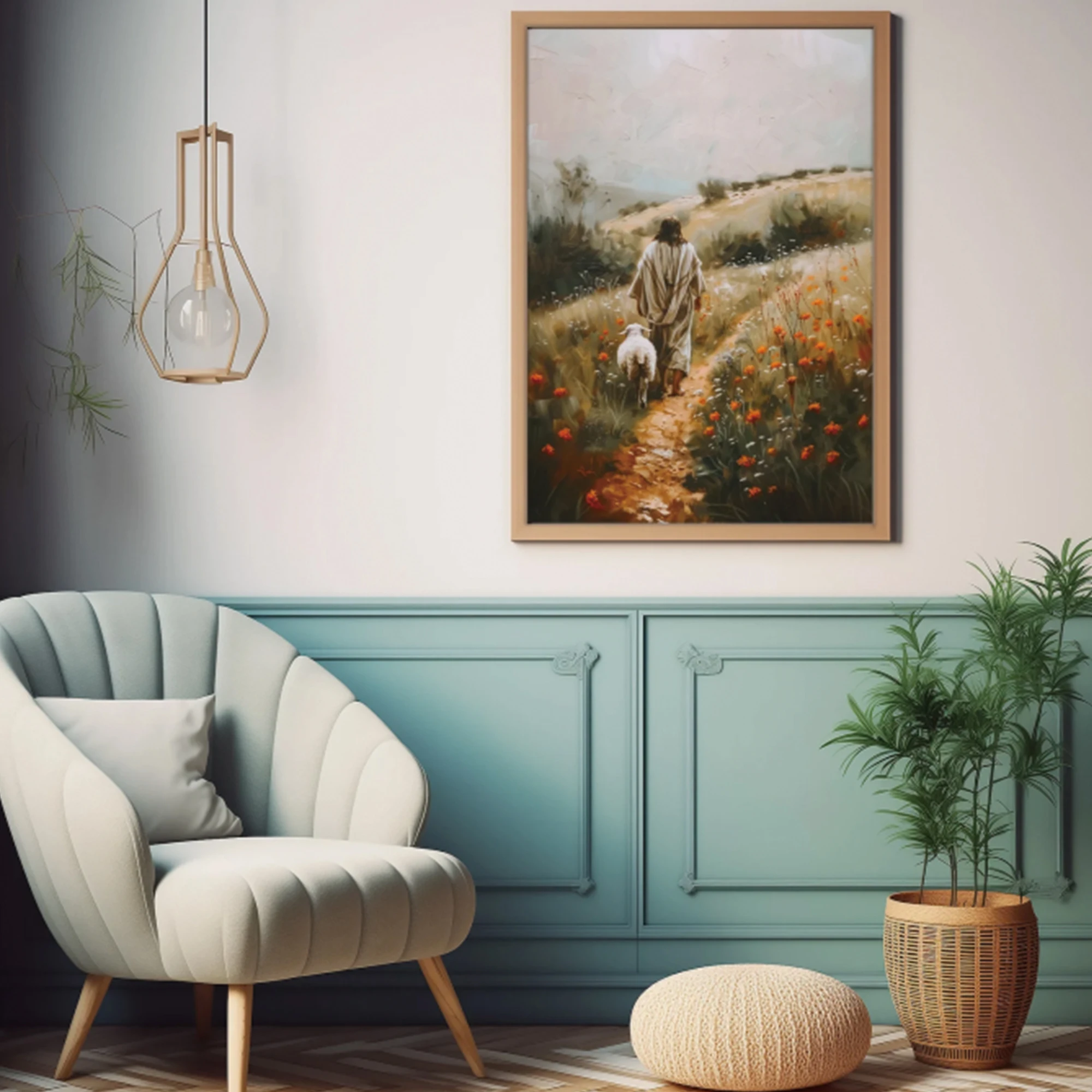 Cuadro Decorativo de Pared con la Imagen de Jesús Saliendo de los 99, Pintura en Lienzo, Póster para Sala de Estar, Dormitorio, Restaurante, Decoración del Hogar