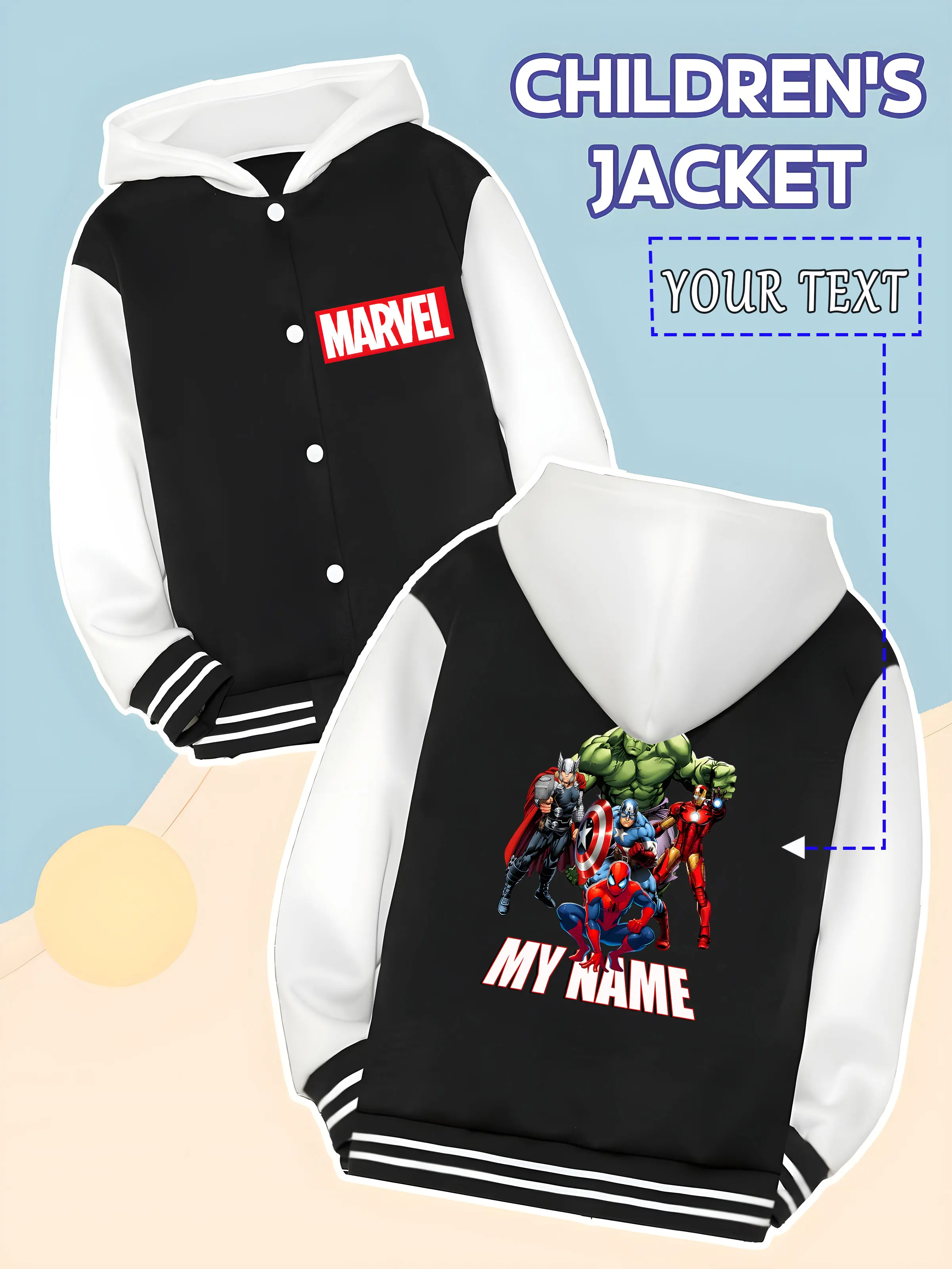 

MINISO Marvel Boys Baseball Jacket - Avengers Hero Combination Print, Powerful Lineup, Perfect for Spring and Autumn Wear, Suita