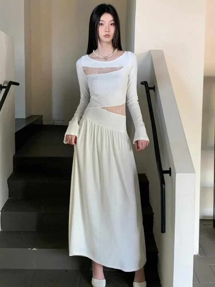 

Lace White Long Dress, Women'S Spring And Autumn New Style, High-End Sense, Spliced Waist Exposed Slim Fit Temperament Dress