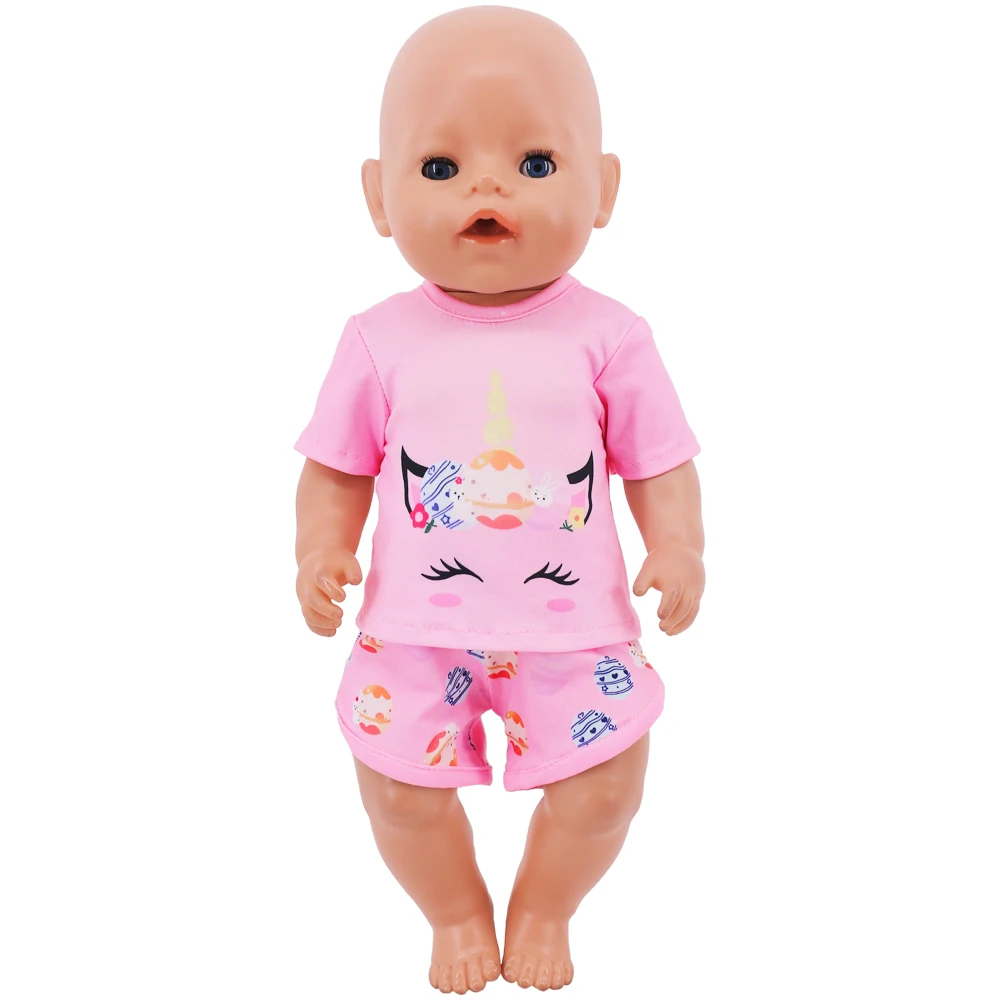 Unicórnio bonito e animal impressão t-shirt e shorts, roupas de boneca americana, nossa geração acessórios, 43cm, 18in, itens do bebê