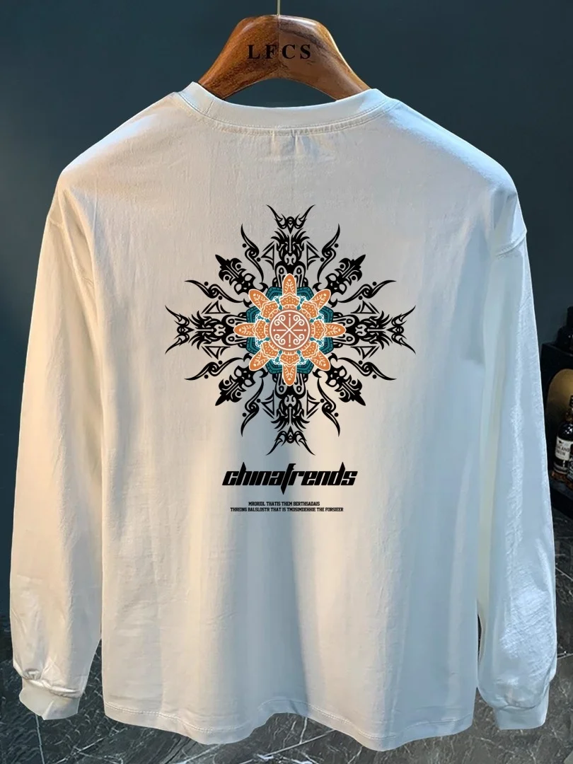 

Trendy Long Sve Pure Cotton T-irt ex Spring Autumn Personali Print Casual Loose Fit Youth Faion Geometric Pattern