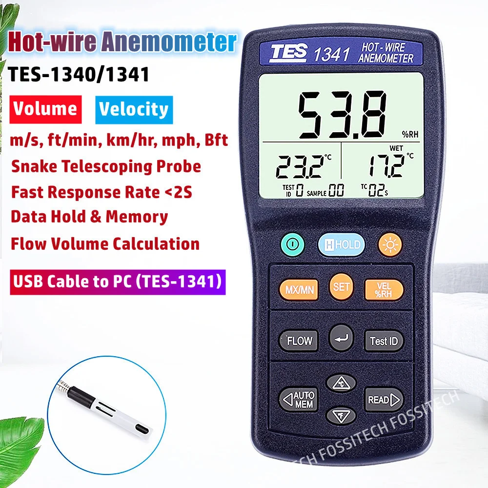 TES-1340 TES-1341 Hot-wire Anemometer TES1340 TES1341 Thermo Air Wind Velocity Wind Flow Tester with Snake Telescopic Probe