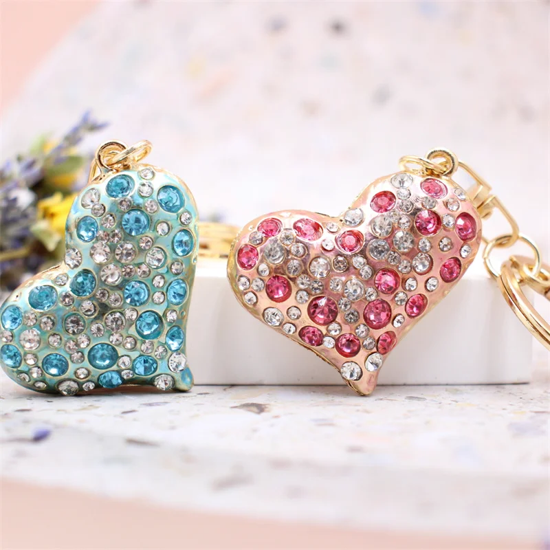 Women Jewelry Charm Crystal Keychain Heart Key Holder Rhinestone Keyring Red Bule Pink Pendant Key Chain Rings