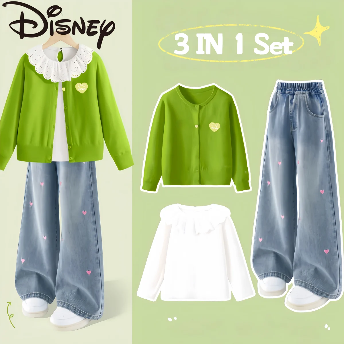 

Disney Children Clothes Kids Sweater Pullover Jeans 3 In 1 Set Girls Spring Warm-keeping Stylish Suit Breathable Comfortable Set
