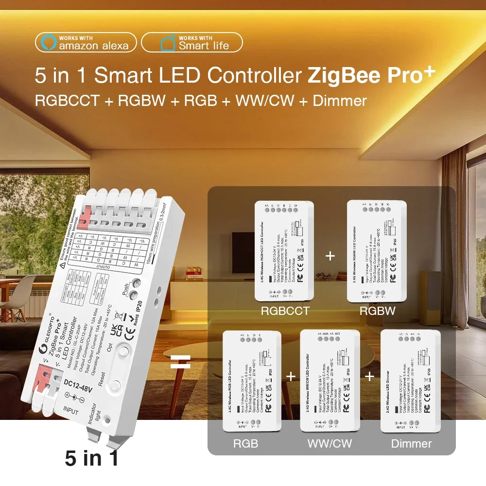 GLEDOPTO ZigBee3.0 LED Controller Pro 5 Modes in 1 RGBCCT RGBW RGB CCT Dimmer DC 12-48V 15A Max PWM Dimming LED Strip Alexa Tuya