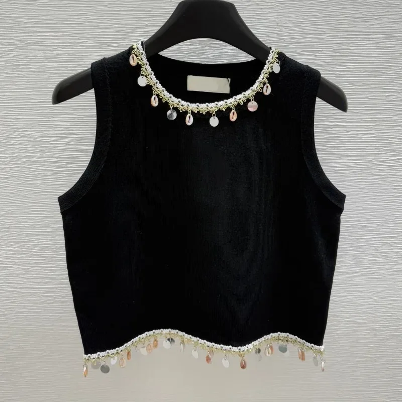 

High-quality women's black and white tank top with pebble-like embellishments along the edges elegant vest 2560775