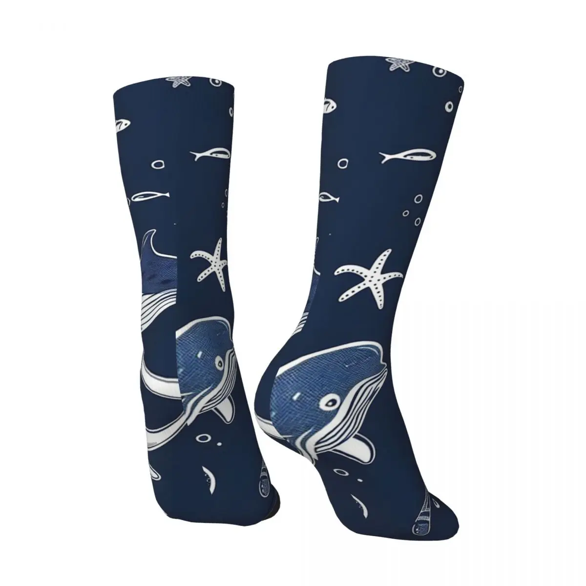 All Seasons Sea Animals White Lines Dark Blue Background Socks Harajuku Crew Socks Casual Stockings for Men Women