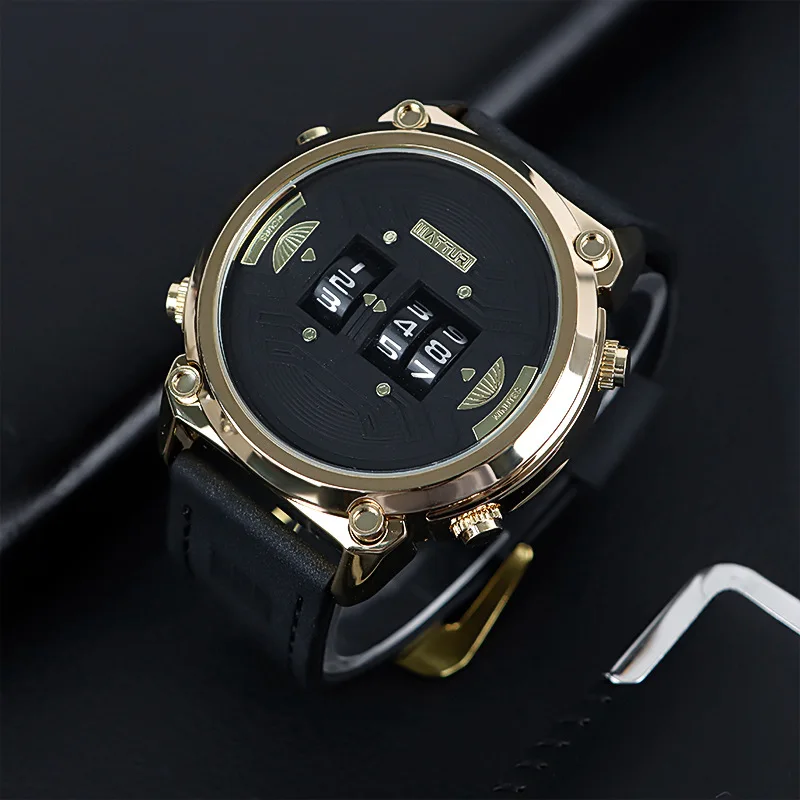 Unusual Watch for Men Luxury Reloj Gold Black Stainless Steel Case Sports Quartz Wristwatch Male Conceptual Orologio Man Clock