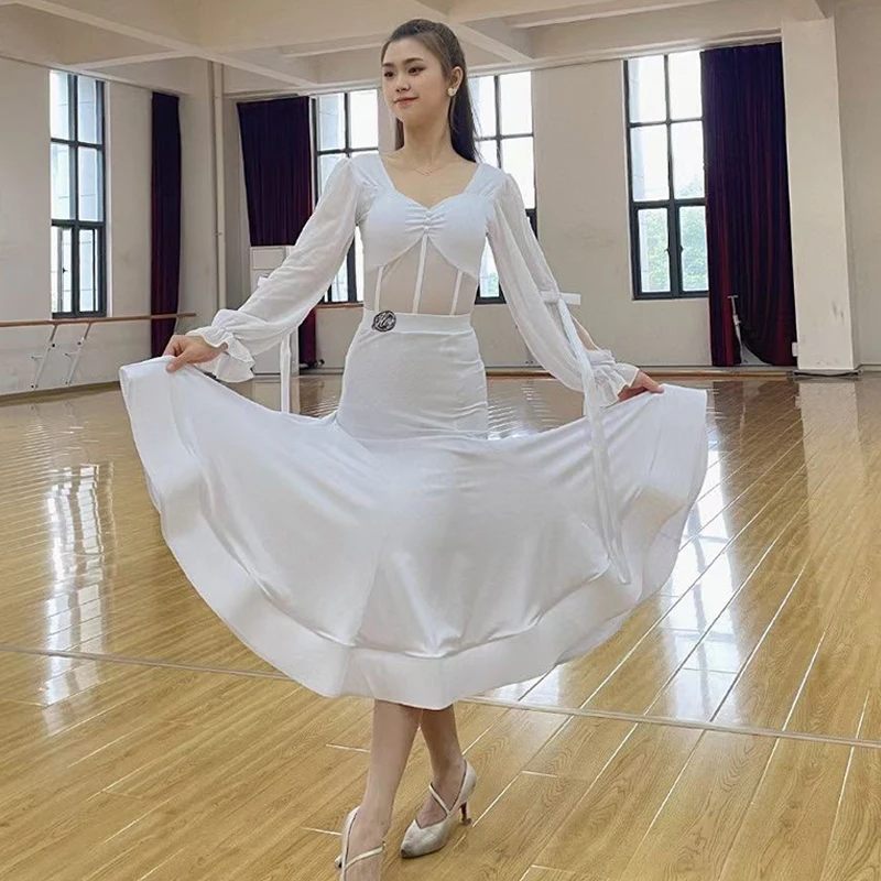 

New Women'S Ballroom Dance Competition Clothing Mesh Sleeved Tops Big Swing Skirt Suit Modern Dance Performance Dress DN13906