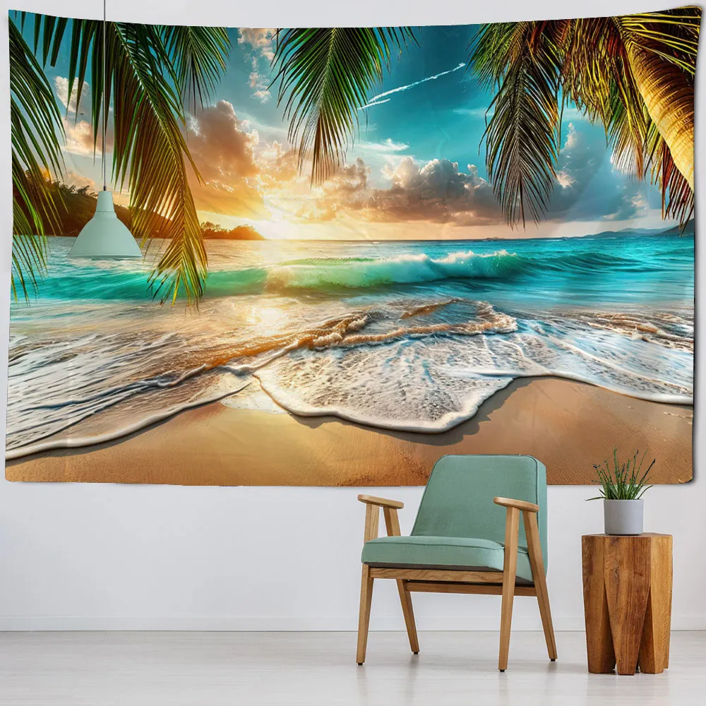 

Beach landscape tapestry, dreamy sea view wall hanging home, bedroom, living room, dormitory wall decoration, background cloth