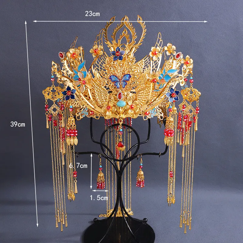 Luxury Golden Phoenix Crown Chinese Xiuhe Wedding Bridal Headdress with Long Tassels Butterfly Floral Fengguan Traditional Desig