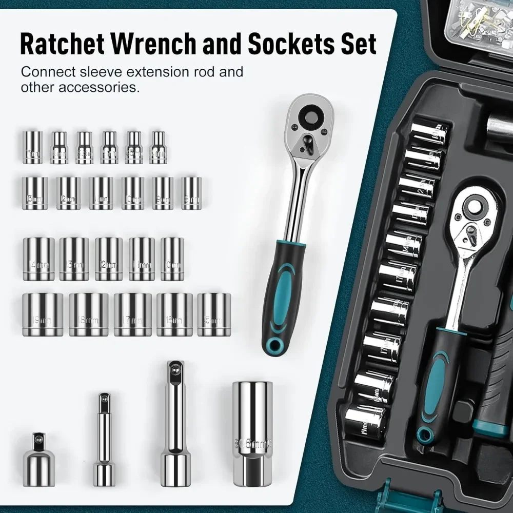 Home Tool Kit 281-PCs - Portable Complete Basic Repair General Hand Tool Sets for Men Women-Full Tool Set with Socket Wrench Set
