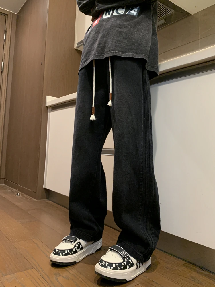 

Retro Workwear Straight Leg Jeans Men's American Trendy Brand Washed Side Stripe Wide Leg Pants Autumn Winter Style Loose Fit
