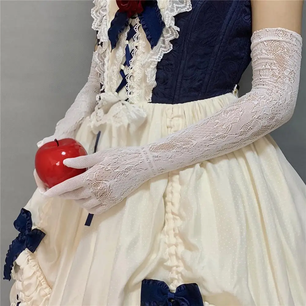 المرأة مثير مرحلة الحفلات الأداء تأثيري JK لوليتا نمط الجوف خارج الصيد صافي الدانتيل الأزهار مرونة عالية قفازات طويلة