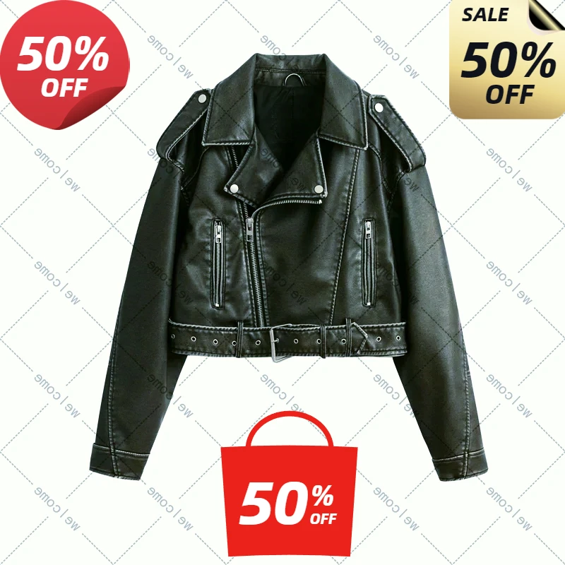 Coal graysty le Women\'s washed leather jacket with belt, short coat with downgraded zipper and vintage lapel jacket