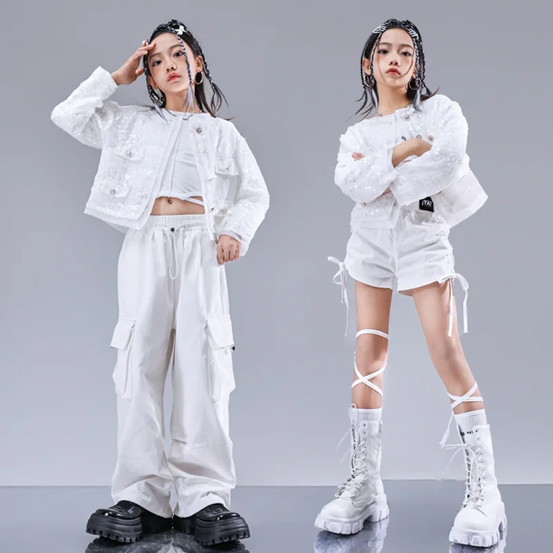 Teenager Kids Group Hip Hop Dance Performance Outfits Loose White Sequin Design Girls Jazz Walkout Clothes Set 10 12 13 14 Years