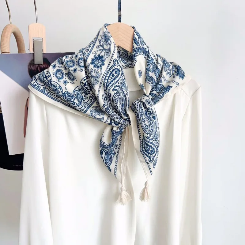 Women Vintage Paisley Print Small Square Scarf Tassel Fringe Cotton Linen Neck Cravat Office Suit Matching Fashion Decor Gift
