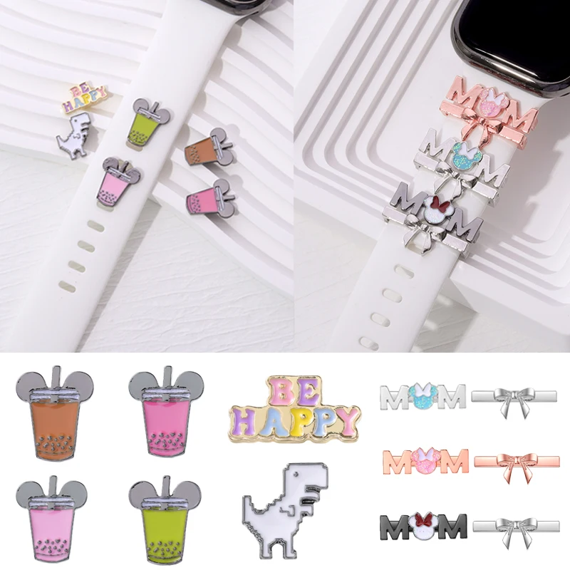 Dinosaur Cartoon Cat Mom Charms for Iwatch Silicone Watchband Charm Decorative Charm for Apple Watch Be Happy Charms Jewelry