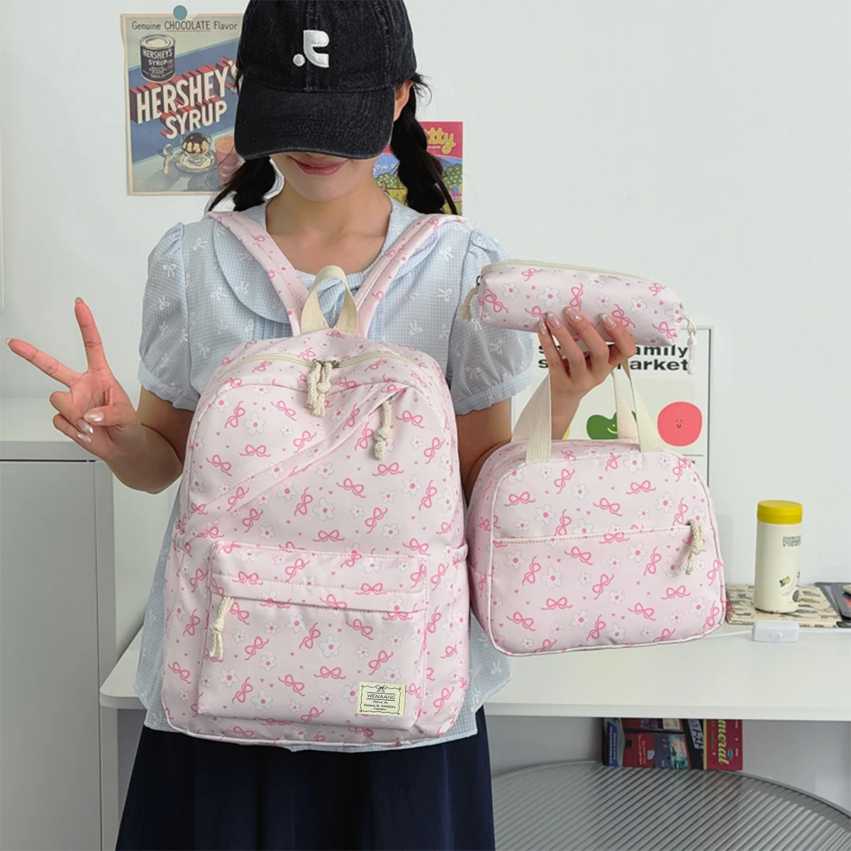 Conjunto de Mochila de Tres Piezas con Estampado de Flores y Lazo de Alta Estética, Mochila de Nailon Ligera de Gran Capacidad para Niñas, Mochila Escolar para Estudiantes