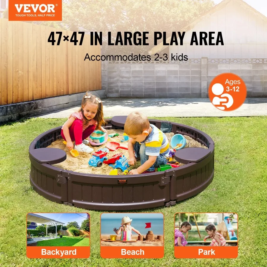 VEVOR Round Sand Box 47.2 x 9.1 in HDPE Sand Pit with Cover Corner Seating Bottom Liner Outdoor Backyard Beach Park Gift for Bo