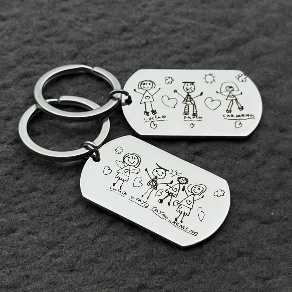 Customized Kids Drawing Keychain Personalized Image Custom Keychain 2 Sides Custom Cartoon Drawing Keychain Kids Memorial Gifts