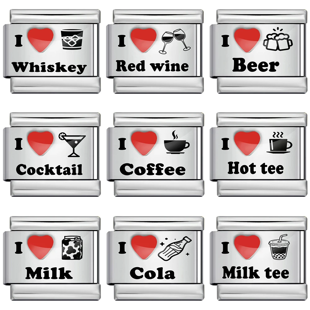 URING Lasergravierter „I Love Drink Coffee Italian Charm“-Anhänger für 9mm Edelstahl DIY Perlenarmband Schmuckzubehör – Detail 1