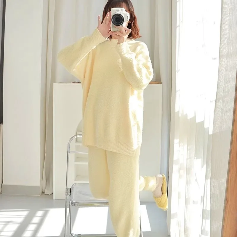 2025 New Pajamas Women Winter Round Neck Simple Thick Warm Lazy Wind Can Be Worn Outside The Home Suit Soft Women Sleepwear Sets