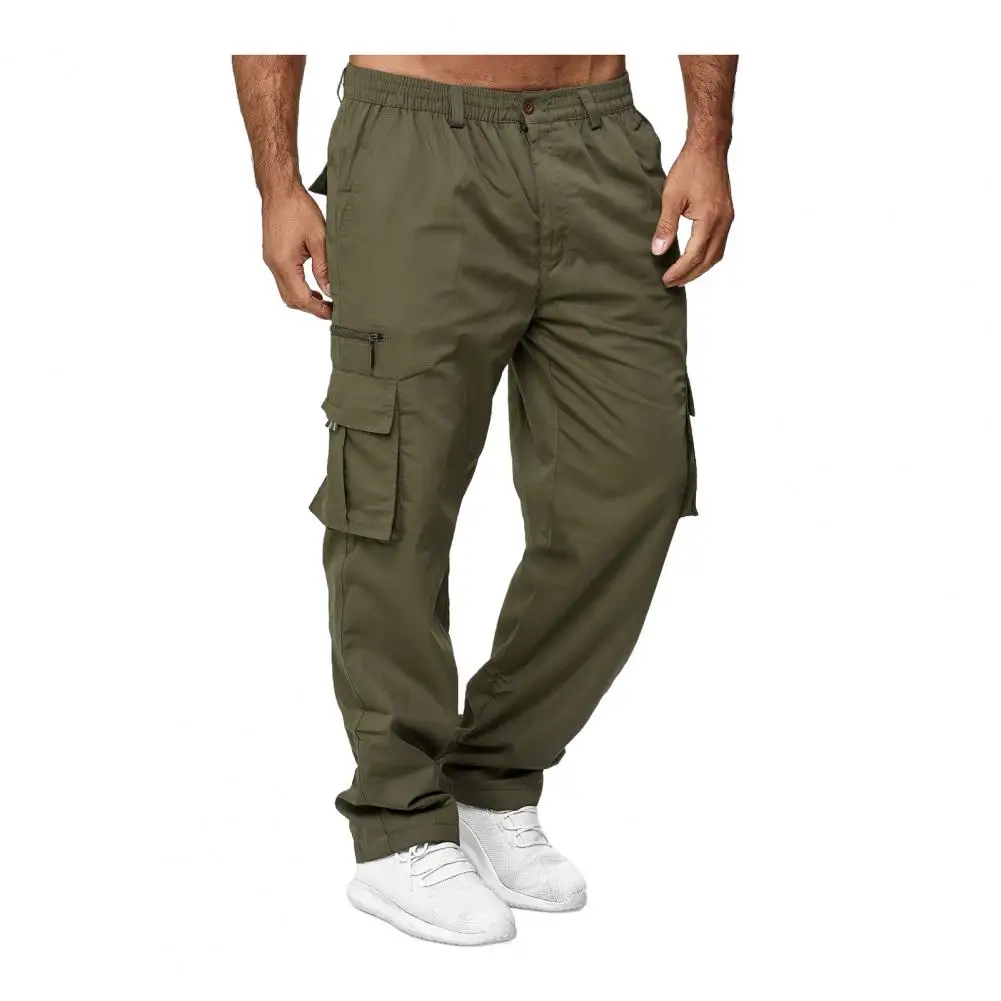 Reinforced Pocket Pants Men's Elastic Waist Cargo Pants with Multi Pockets Straight Leg Sweatpants Stretchy Slacks for Street