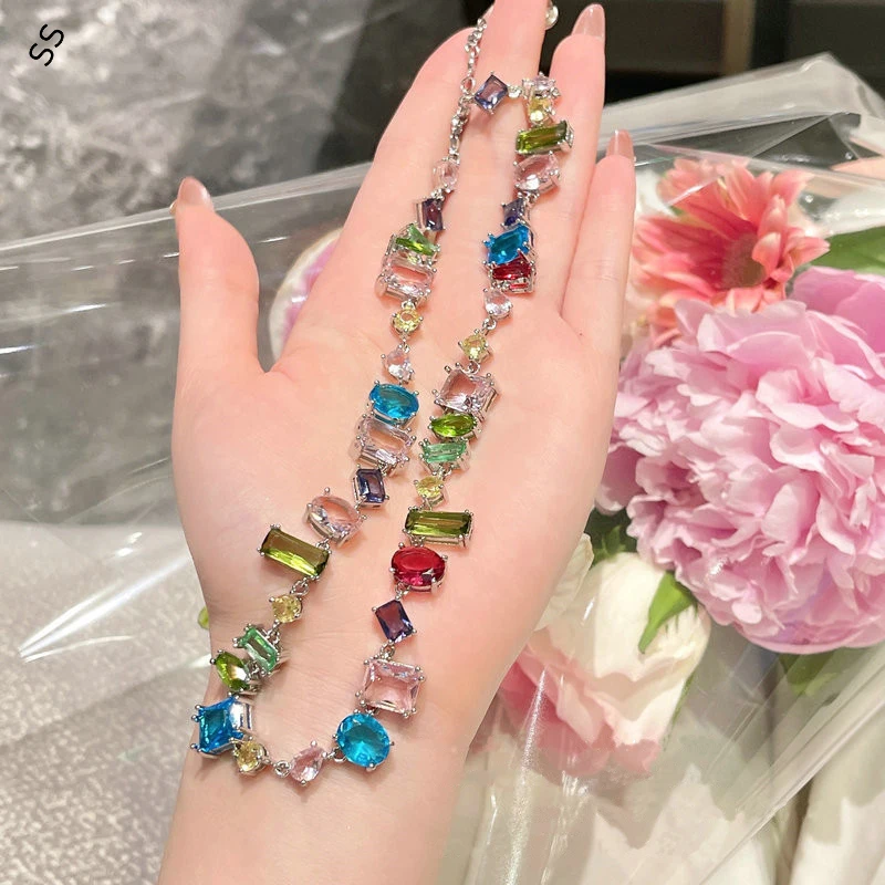 Free Collocation Colorful Gemstone Zircon Series Jewelry Sets for Women Fashion Chain Necklace Earring Bracelet Charm Accessory