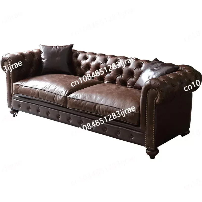 2023 New High Quality Oil Wax Leather Vintage Style Roll Arm Chesterfield Sofa