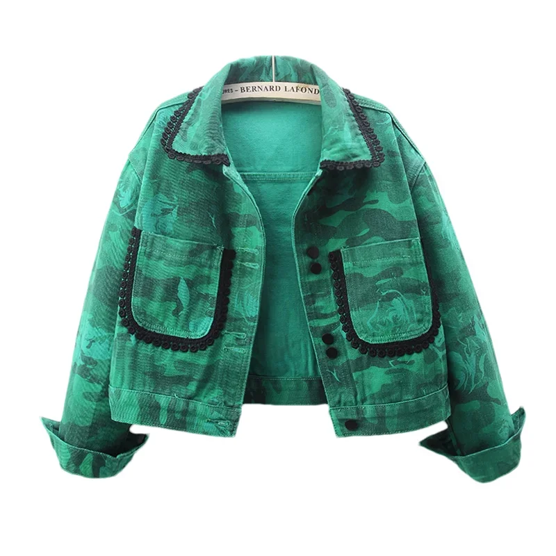 

Spring Fashion Green Tie Dye Lace Big Pocket Denim Jacket Women Cowboy Outerwear Chaquetas Mujer Loose Short Jeans Jacket Female