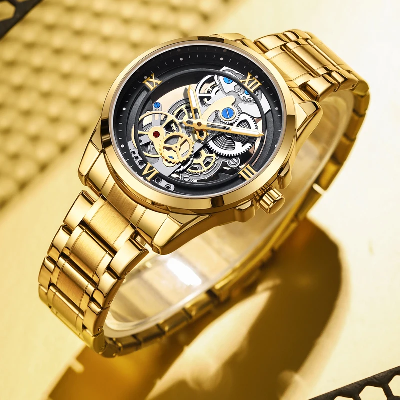 LIGE Men Watch Skeleton Quartz Wristwatch Gold Skeleton Retro Man Watch Top Brand Luxury Clock Mens Watches Relogios Masculino