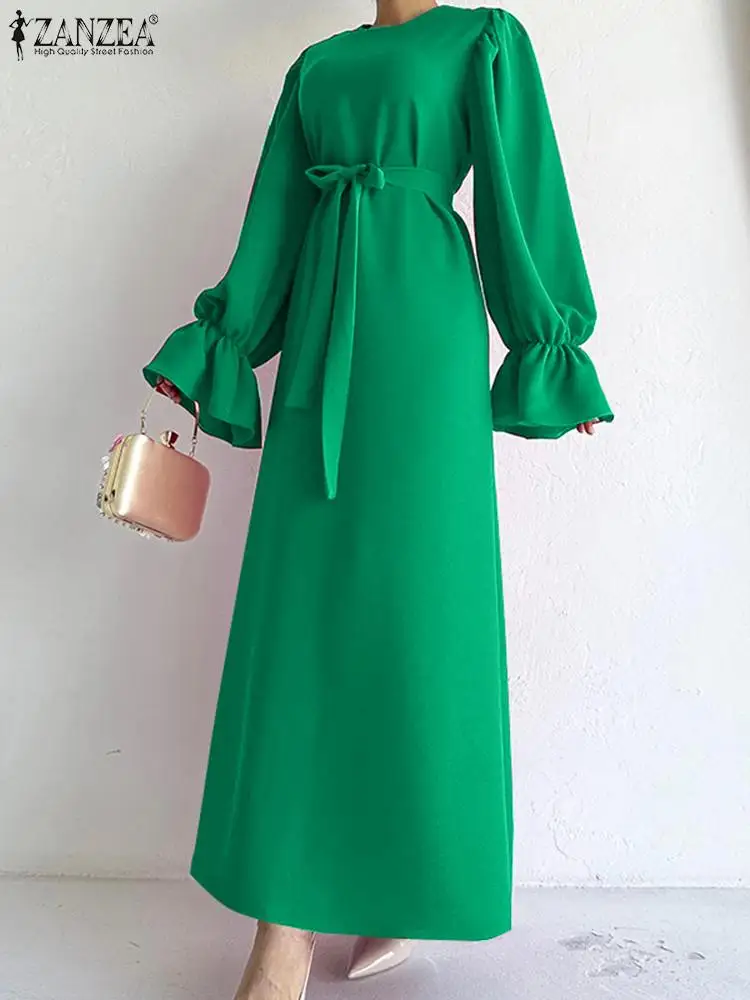 ZANZEA 2023 Autumn Long Sleeve Vestidos Women Maxi Long Dresses Fashion Vintage Belted Ruffled Cuff Dress Casual Plus Size Robe