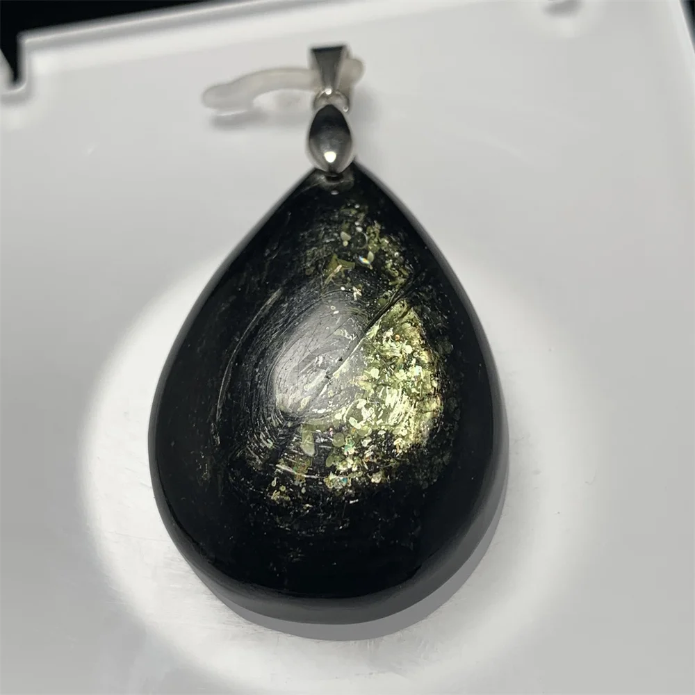 Natural Green Light Lepidolite Pendants Woman Healing Mysterious Black Gemstones Beads Flaky Water Drop Jewelry 925 Silver Clasp
