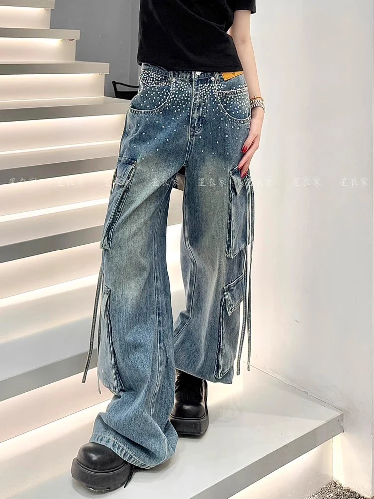 

Heavy Industry Hot Drilling Jeans Women Vintage Lace Up Hotsweet Patchwork Denim Pants Wide Leg High Waist Loose Female Trousers