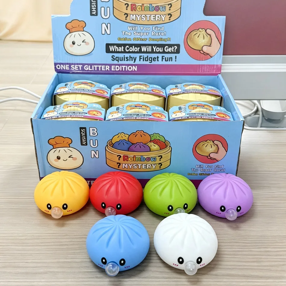Neu: 1-12 Stück Blasen-Dumpling-Glitzer-Squishies mit Box – Sensorisches Quetschspielzeug zur Stresslinderung