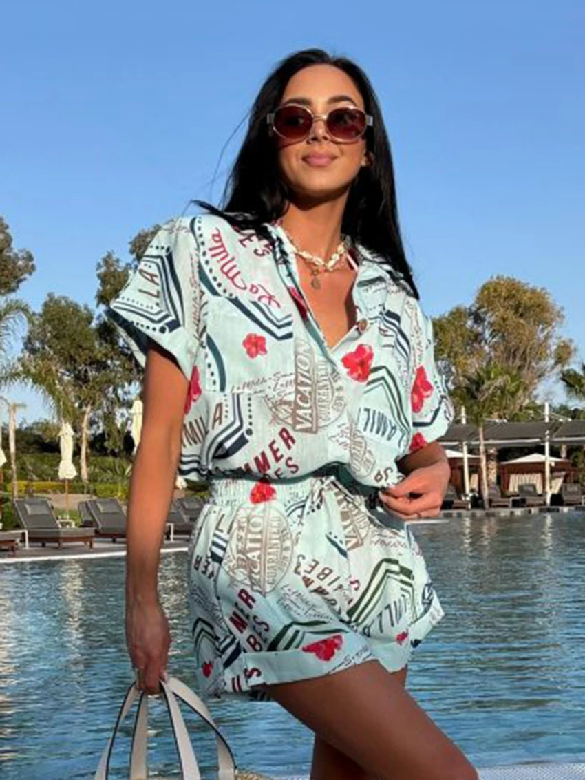 Marthaqiqi Printing Women Sleepwear Set Short Sleeve Nightgown Sexy Turn-Down Collar Nightwear Shorts Casual Pajama 2 Piece Suit